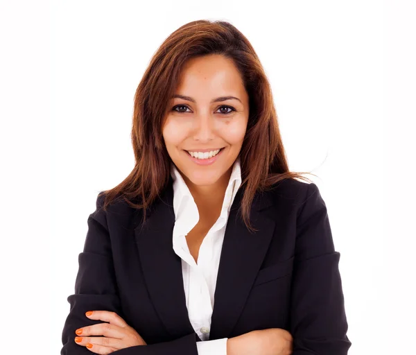 Retrato de una joven mujer de negocios feliz sonriendo - aislado en w — Foto de Stock