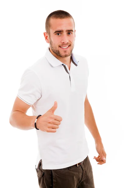 Joven hombre casual pulgar hacia arriba en un fondo blanco —  Fotos de Stock