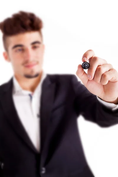 Young business man drawing on empty copy space isolated on white — Stock Photo, Image