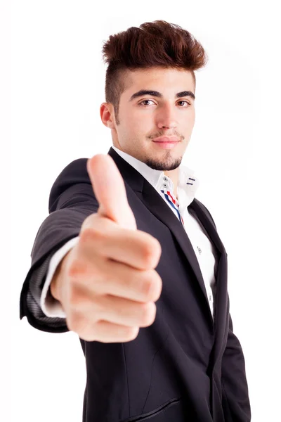 Young business man thumbs up, isolated on white — Stock Photo, Image
