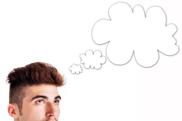 Cropped image of young man thinking, cloud for your text — Stock Photo, Image