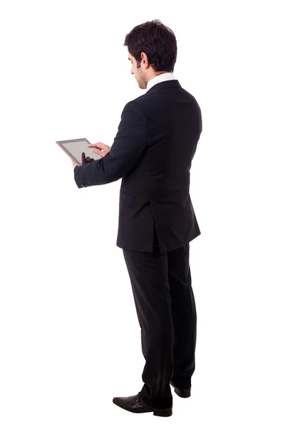 Jovem homem de negócios com computador tablet. Isolado sobre o bac branco — Fotografia de Stock