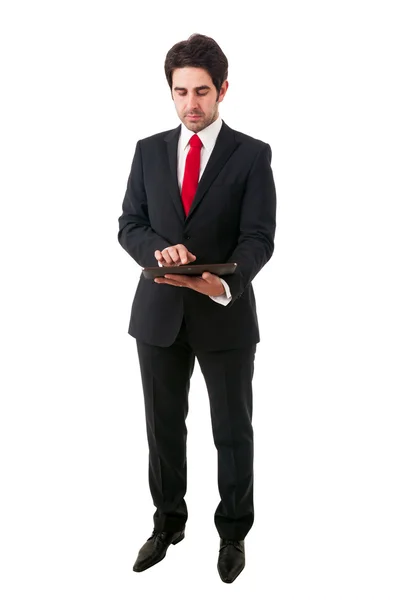 Young business man with tablet computer. Isolated over white bac — Stock Photo, Image