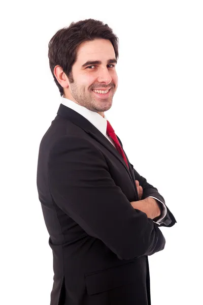 Retrato de un joven hombre de negocios feliz y sonriente, aislado en el blanco — Foto de Stock