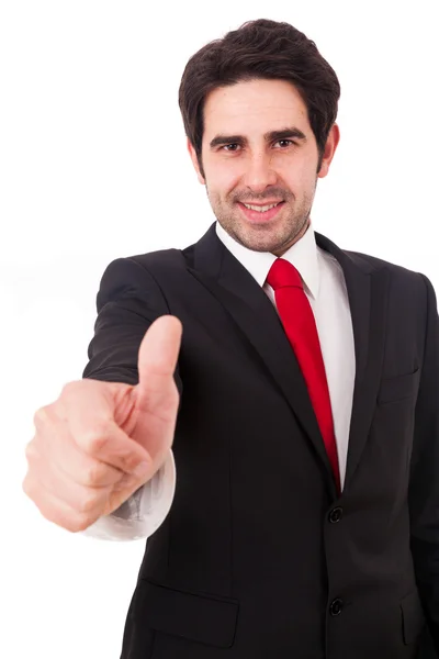 Sonriente joven hombre de negocios con el pulgar hacia arriba gesto, aislado sobre — Foto de Stock