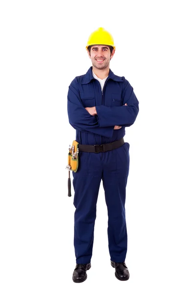 Retrato de comprimento total de um jovem construtor sorridente, isolado no whi — Fotografia de Stock