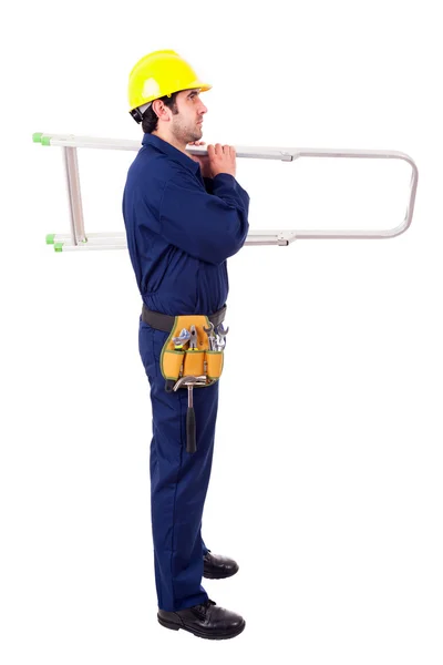 Full lenght of a young worker holding a ladder, isolated on whit — Stock Photo, Image