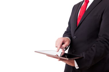 tablet bilgisayar ile iş adamı. Beyaz arka plan üzerinde izole