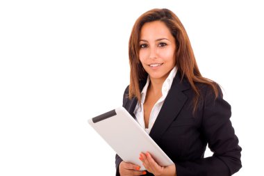 tablet bilgisayarda beyaz arka plan ile gülümseyen iş kadını