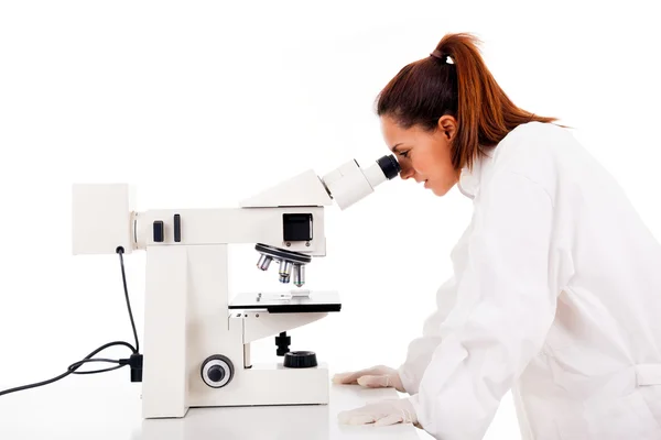 Female researcher looking through microscope, isolated on white — Stock Photo, Image