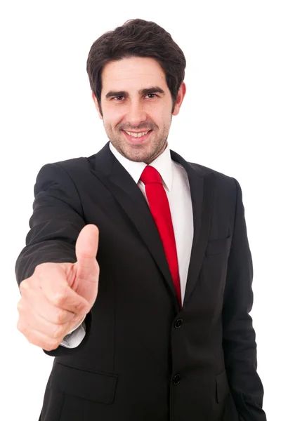 微笑的年轻商业人与手势竖起大拇指，隔离结束 — 图库照片