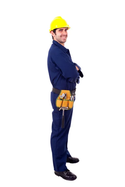 Retrato completo de un joven constructor sonriente, aislado en whi — Foto de Stock