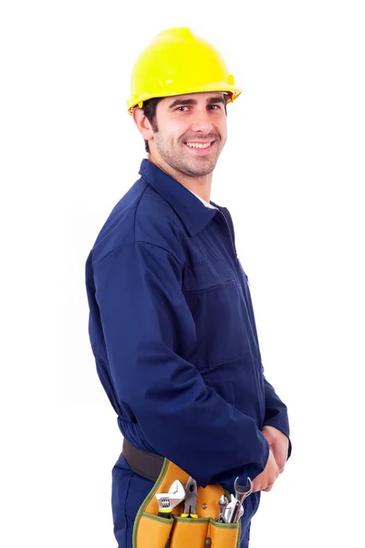 Sonriente joven trabajador aislado sobre fondo blanco —  Fotos de Stock