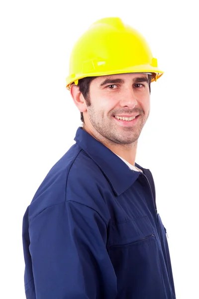 Porträt eines lächelnden jungen Bauarbeiters, isoliert auf weiß — Stockfoto