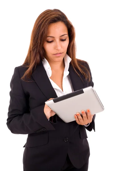 Jovem mulher de negócios com computador tablet no fundo branco — Fotografia de Stock