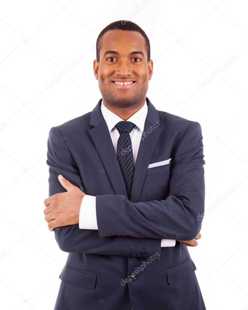 Portrait of a happy young African American business man, isolate