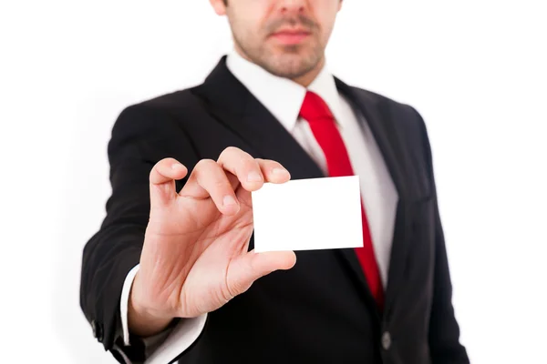 Hombre de negocios con traje y corbata mostrando una tarjeta de visita —  Fotos de Stock