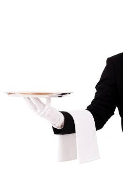 boş bir çanak tutan profesyonel garson. Beyaz bac izole