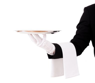 boş bir çanak tutan profesyonel garson. Beyaz bac izole