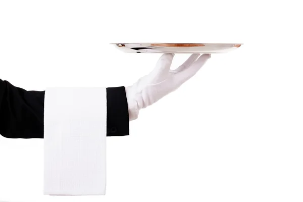 Professional waiter holding an empty dish. Isolated on white bac — Stock Photo, Image