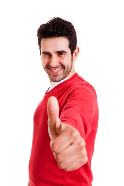 Young casual man thumb up, isolated on white background — Stock Photo, Image