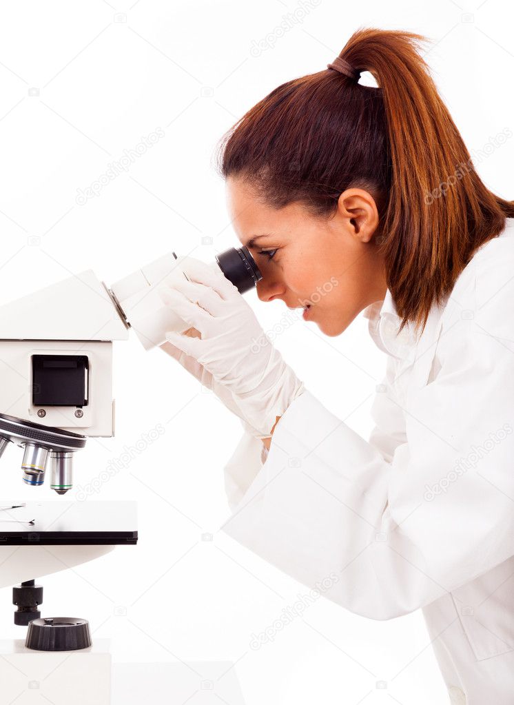 Female researcher looking through microscope, isolated on white