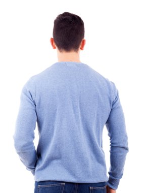 Genç casual adam, geri, üzerinde beyaz izole