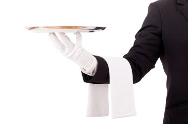 boş bir çanak tutan profesyonel garson. Beyaz bac izole