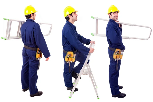 Young worker with a ladder, isolated on white — Stock Photo, Image