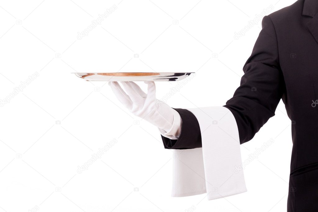 Professional waiter holding an empty dish. Isolated on white bac
