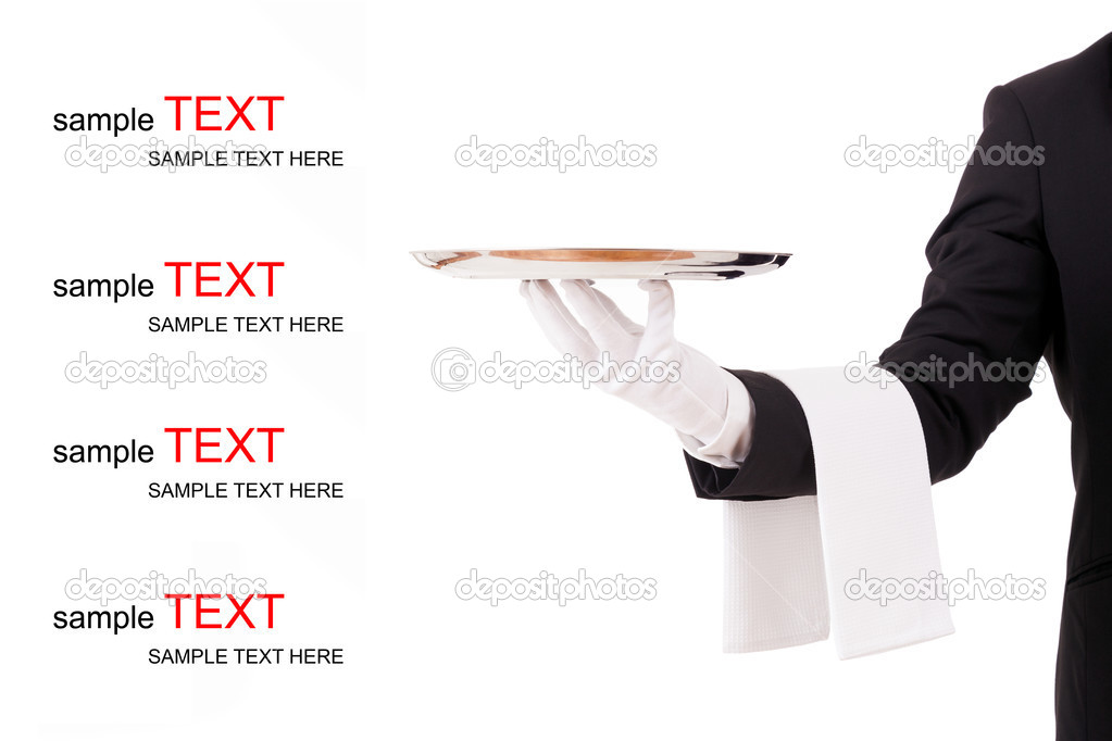 Professional waiter holding an empty silver tray.
