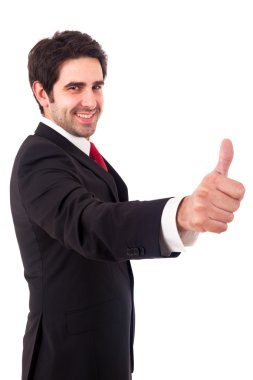 mutlu gülümseyen genç iş adamı ile jest, yaşasın ayır