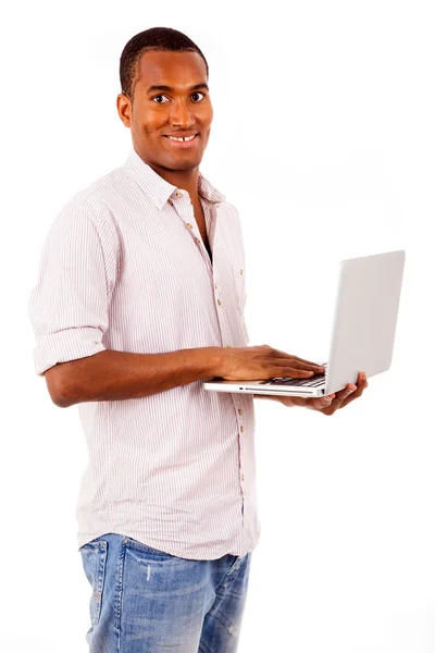 Handsome black man with laptop on white background — Stock Photo, Image