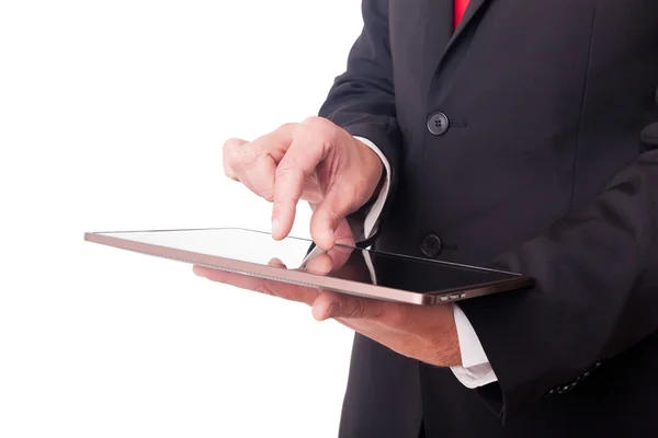 Fechamento de um homem bonito com computador tablet. Isolado sobre wh — Fotografia de Stock