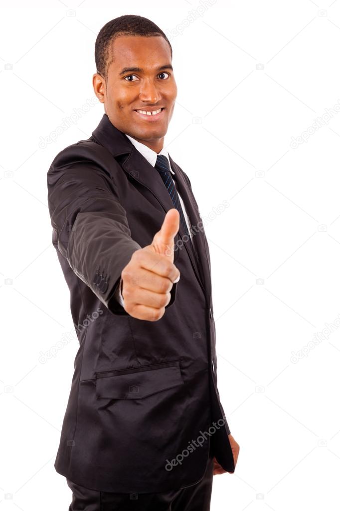 Portrait of a smiling African American business man gesturing a
