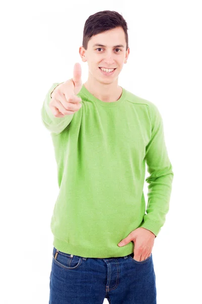 Joven hombre feliz con pulgares hacia arriba signo, aislado en el fondo blanco —  Fotos de Stock