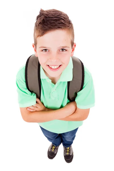 Ganzkörperporträt eines Schuljungen mit Rucksack, isoliert auf wh — Stockfoto