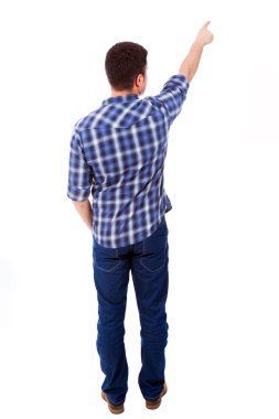 beyaz izole boşaltmak doğru işaret eden genç casual adam