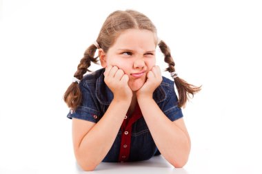Angry little young girl child, isolated on white background clipart