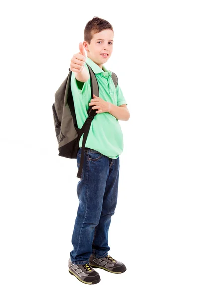 Retrato de cuerpo entero de un colegial con gesto de pulgar hacia arriba, isol — Foto de Stock