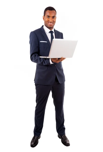 African American business man with laptop, isolated on white — Stock Photo, Image