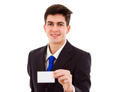 Beyaz arka plan üzerinde işletme kart ile genç işadamı