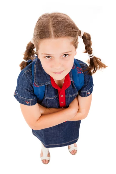 Ολόσωμο πορτρέτο του ένα κορίτσι σχολείο με σακίδιο, απομονωμένη — Φωτογραφία Αρχείου