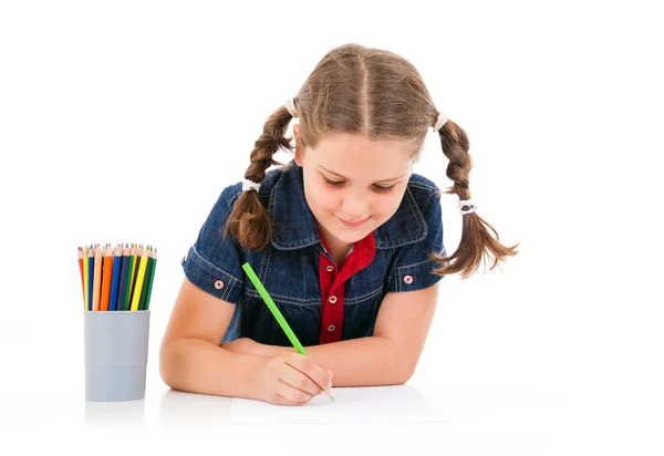 Cute child draw with colorful crayons, isolated over white — Stock Photo, Image