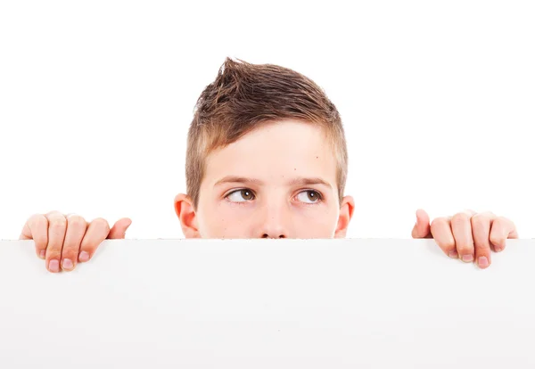 Little child boy holding blank board, isolated on white — Stock Photo, Image