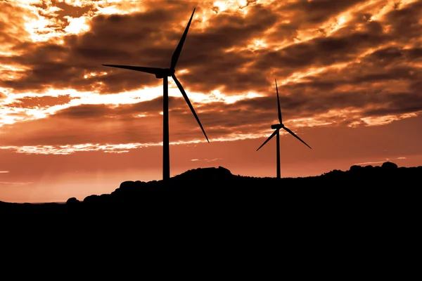 Windmills silhouette at sunset — Stock Photo, Image