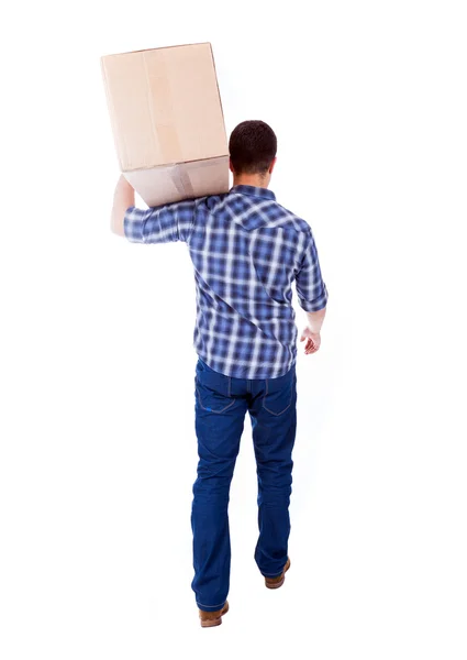 Young man carrying a card box, isolated on white — Stock Photo, Image