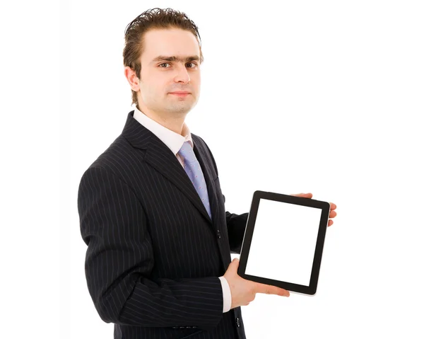 Homem de negócios feliz mostrando um tablet pc, isolado no backgr branco — Fotografia de Stock