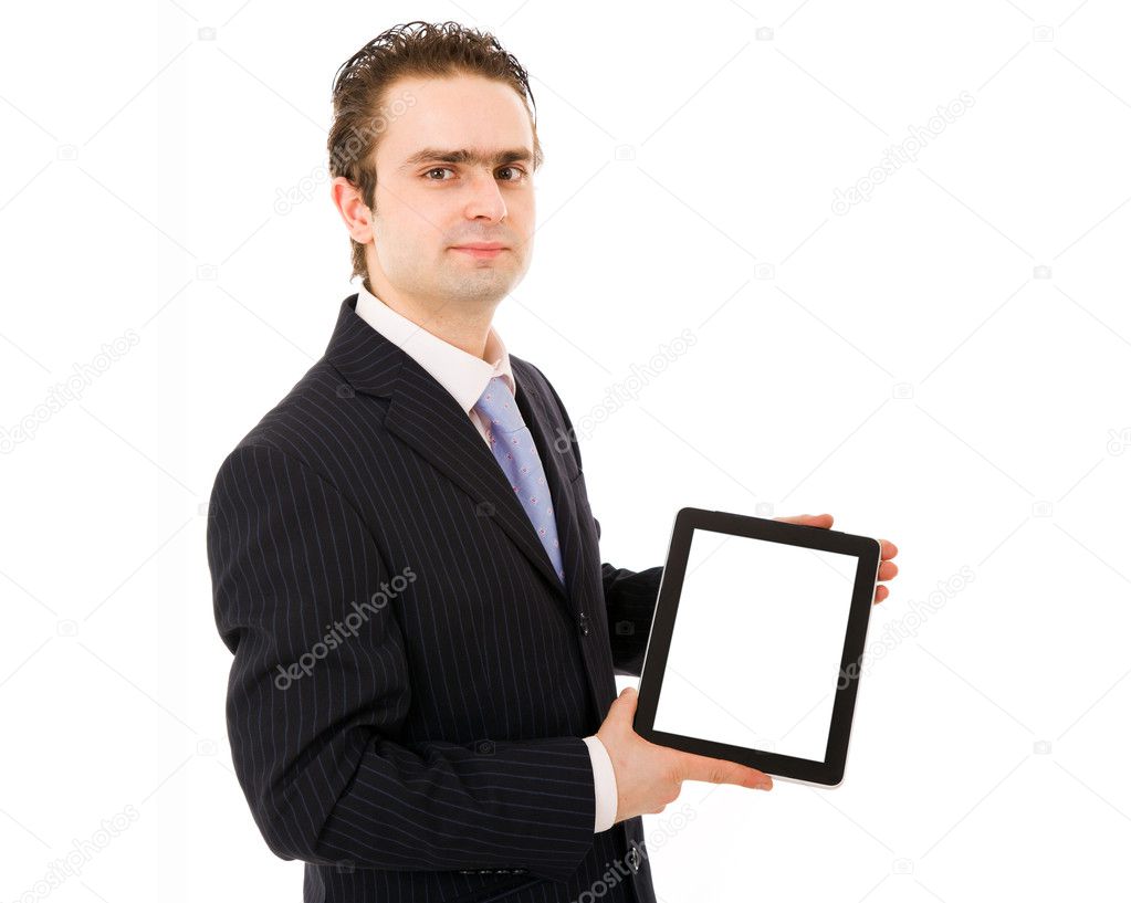 Happy business man showing a tablet pc, isolated on white backgr