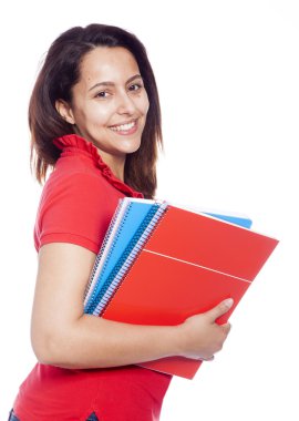 mutlu kız öğrenci üzerinde beyaz izole Notebook - taşıma